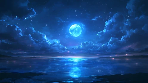 Moonlit ocean mirror under electric midnight clouds.