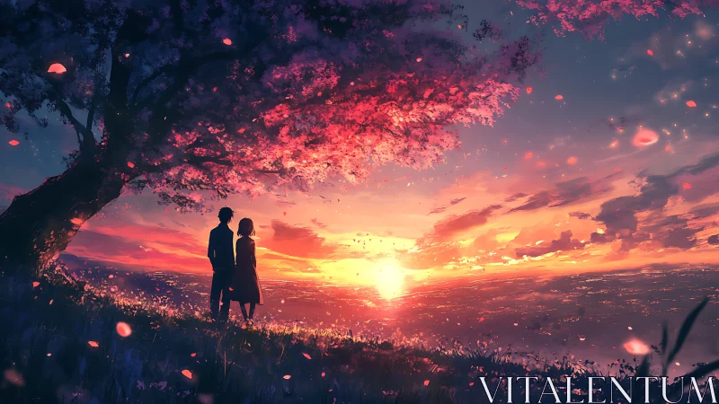 Sunset lovers stand beneath glowing cherry blossoms in bloom