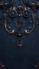 Dark blue baroque panel with ornate gold scrollwork.