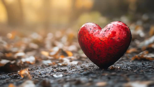Textured crimson heart object positioned on granular weathered substrate