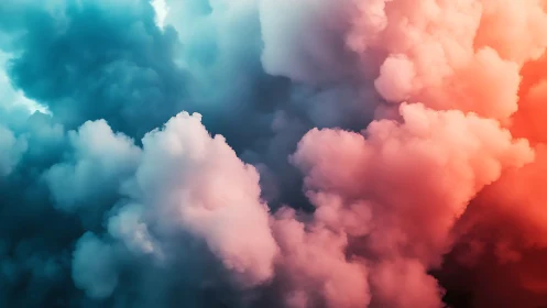 Colorful cloudscape with blue and red billowing smoke.