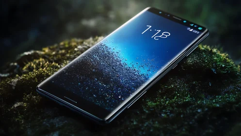 Premium smartphone with particle effects glowing on dark moss.