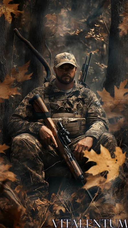 Camouflaged forest sniper resting with rifle in autumn leaves.