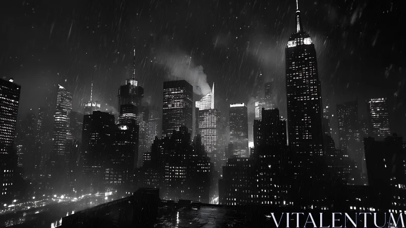 Rainy black and white night view of dense city skyline.