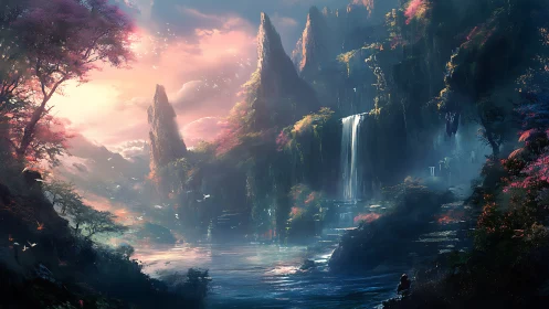 Mystic waterfall valley glows under ethereal sunrise light