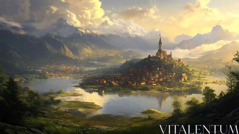 Alpine Gothic Castle Township Overlooking Glacial River Valley.