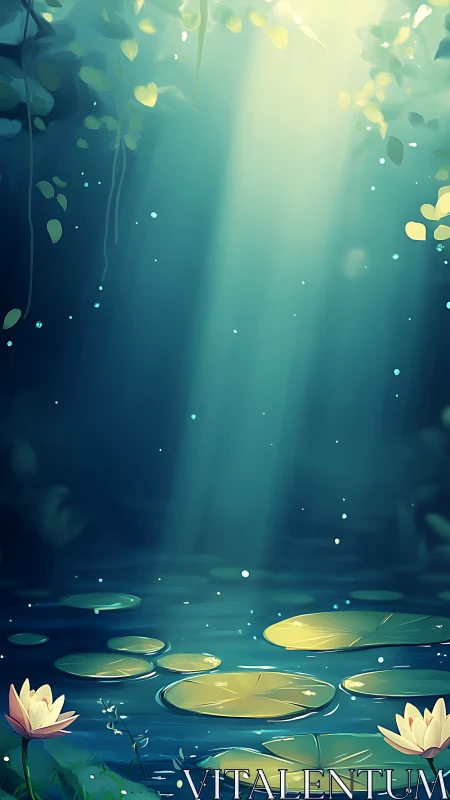 Sunlit lily pond whispers beneath emerald forest veil.