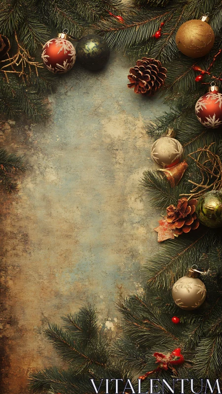 Vertical fir branches frame ornaments on textured surface