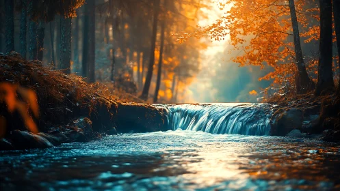 Temperate forest cascade with autumn foliage illumination and cinematic atmospheric diffusion.