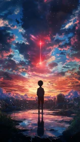 Silhouetted child observes vertical red light over cityscape