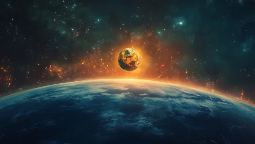 Burning planet rises above dark horizon in glowing cosmos