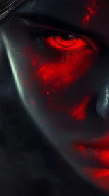 Close-up demonic eye rendered with high-contrast red subsurface glow
