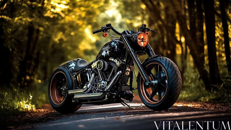 Custom black cruiser motorcycle on forest road at dusk.