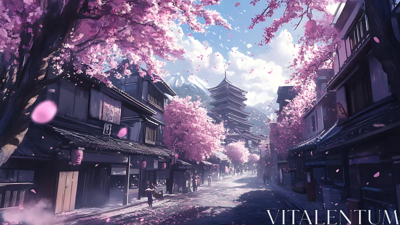 Blossom laden streets cradle a pagoda beneath drifting petals