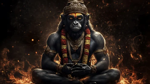 Digital painting of mythic simian deity in flaming mandala frame.