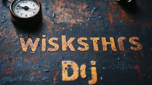 Rusty textured text with pocket watch on dark surface.
