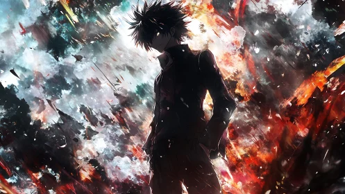 Silhouetted anime figure amid explosive chromatic turbulence.
