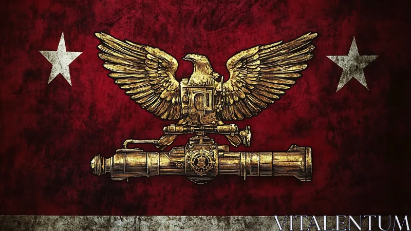 Winged war-machine emblem soars over a worn crimson banner