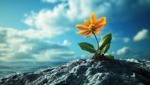 Solitary orange flower rising from rocky ocean outcrop.