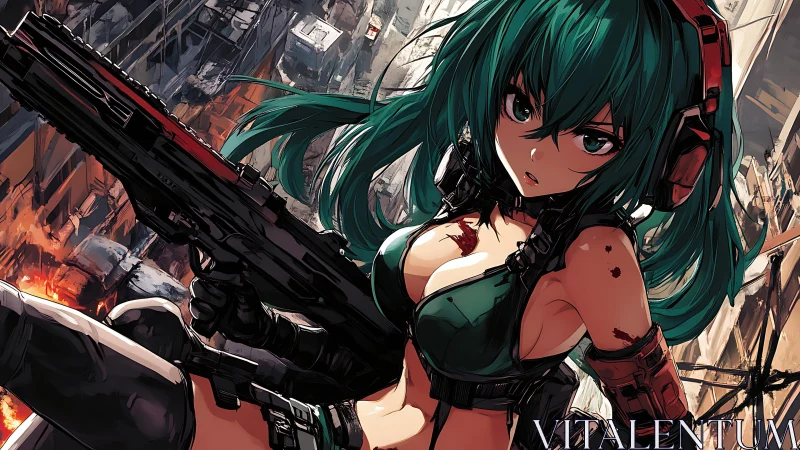 Tactical teal haired assault operative in urban firefight.