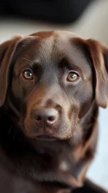 Tender-eyed chocolate lab gazes back with glossy patience