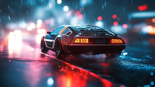 Retro-futuristic sports car under neon rain on wet boulevard.
