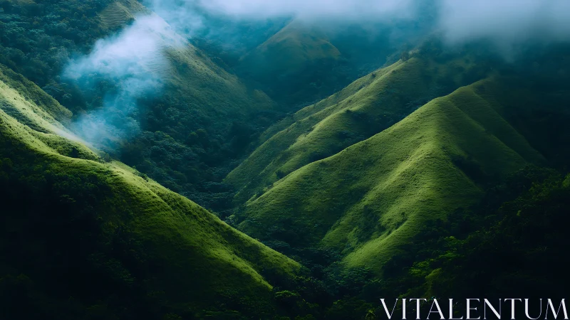 Fog-layered emerald ridges form steep, parallel valley systems