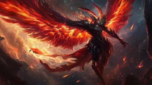 Infernal winged titan erupts in storm of soaring flame.