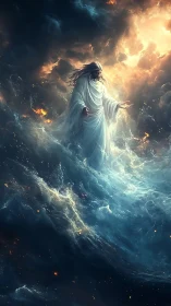 Luminescent robed figure stabilizes turbulent cosmic ocean