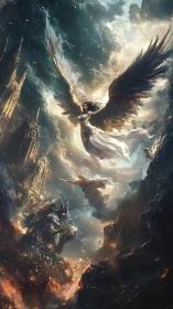 Winged seraph in apocalyptic sky over burning citadels.