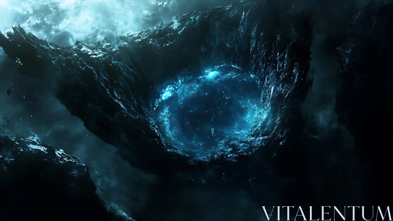 Circular void forms within fractured, luminescent rock mass