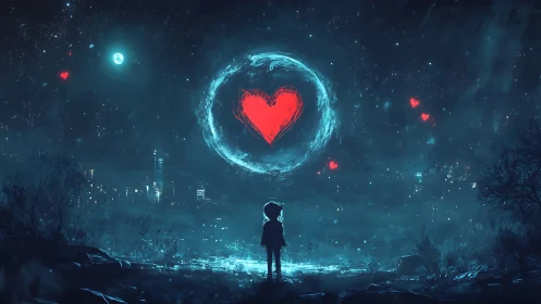 Solitary Figure Gazes at Glowing Heart in Neon Cyberpunk Cityscape