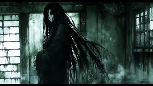 Pale specter in decayed tatami room with dense emerald fog