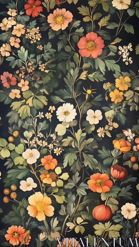 Midnight botanical wallpaper with layered vintage florals.