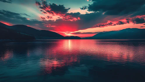 High-saturation mountain lake sunset with mirrored specular reflections