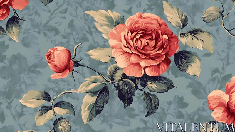 Vintage coral roses bloom over muted blue floral ground.