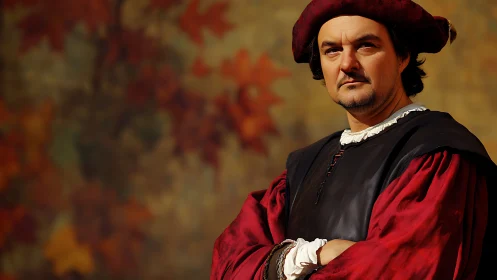 Proud Renaissance gentleman stands in rich autumn colored attire