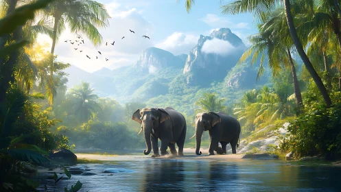 Sunlit tropical river valley with two elephants in misty depth