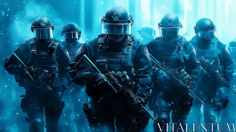 Tactical assault squad advances through cyan volumetric haze.
