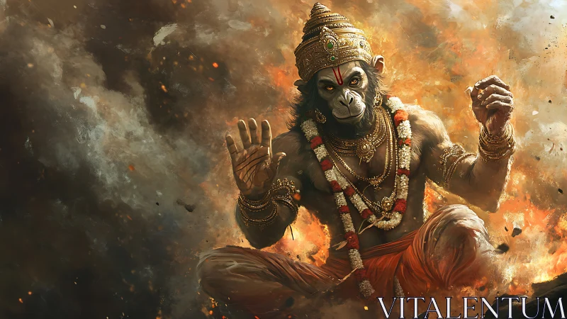 Divine warrior monkey sits in swirling smoke and fire