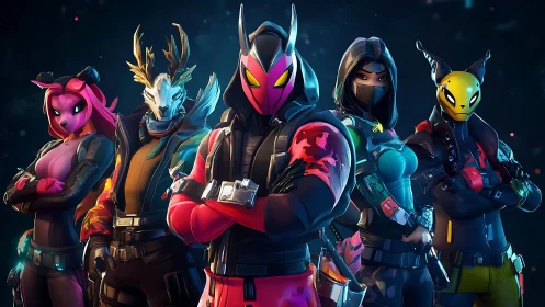 Five stylized armored heroes in neon sci fi outfits stand united.