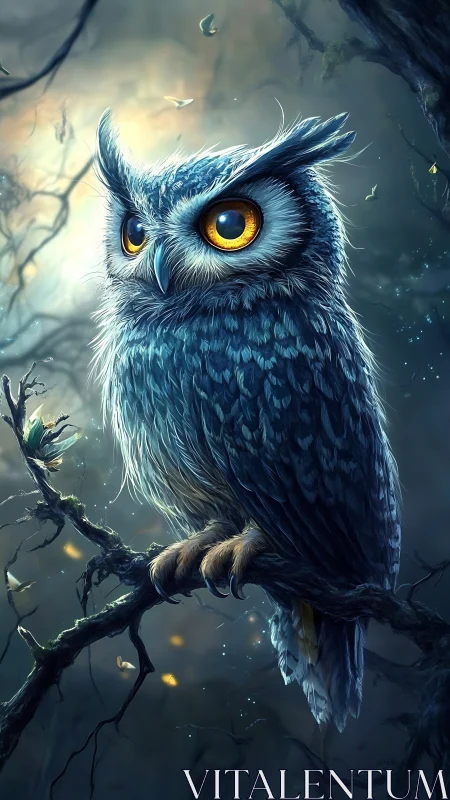 Blue owl on branch in glowing misty forest scene.