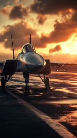 Sunlit fighter jet rests on wet runway at dramatic sunset.
