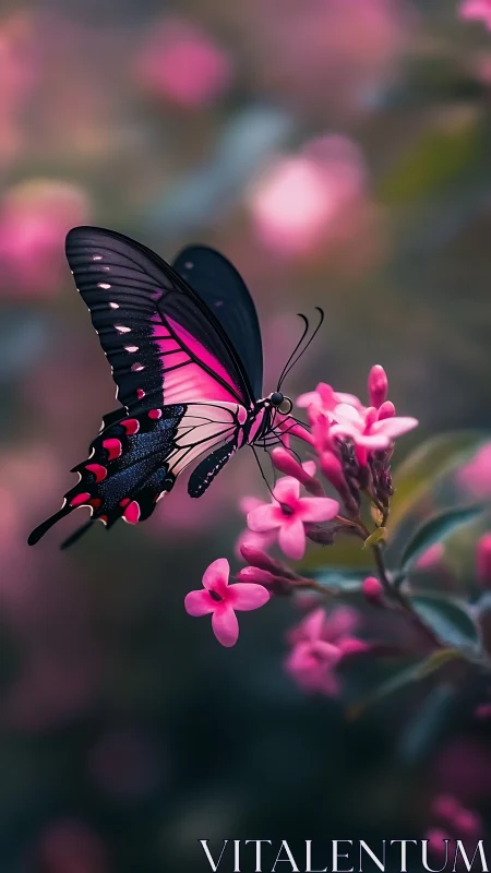 Black pink butterfly rests on vivid blossoms at dusk