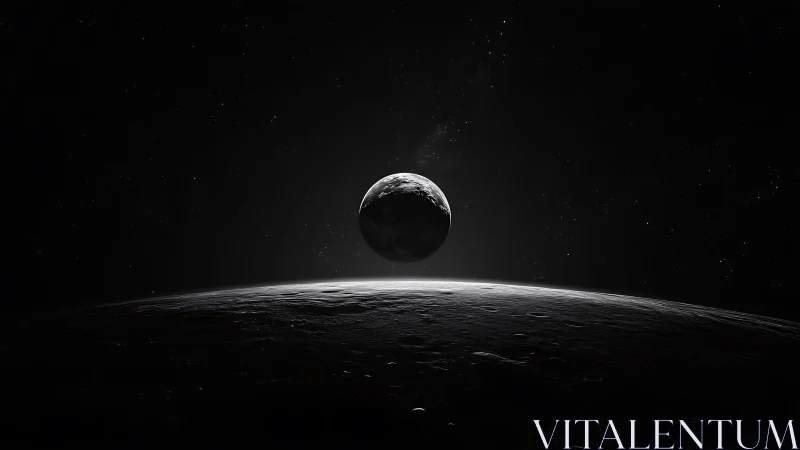 Distant illuminated planet rises above a cratered horizon