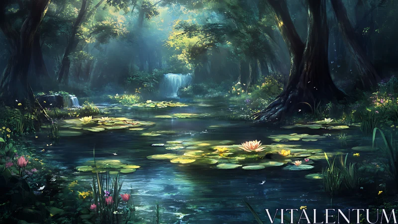 Lily-covered forest pond with distant cascading waterfalls.