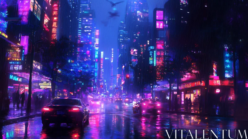 Neon-soaked cyberpunk street under heavy rain at night.