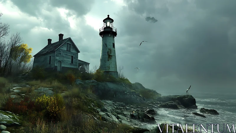 Coastal lighthouse with adjacent keeper's house on rocky shoreline.