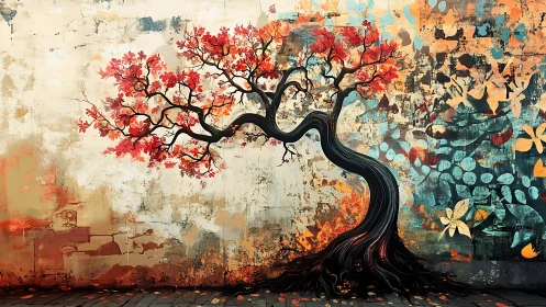 Streetwise autumn tree bends like music against painted walls