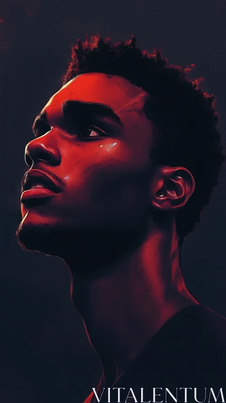 Red lit side profile portrait of young man looking up.